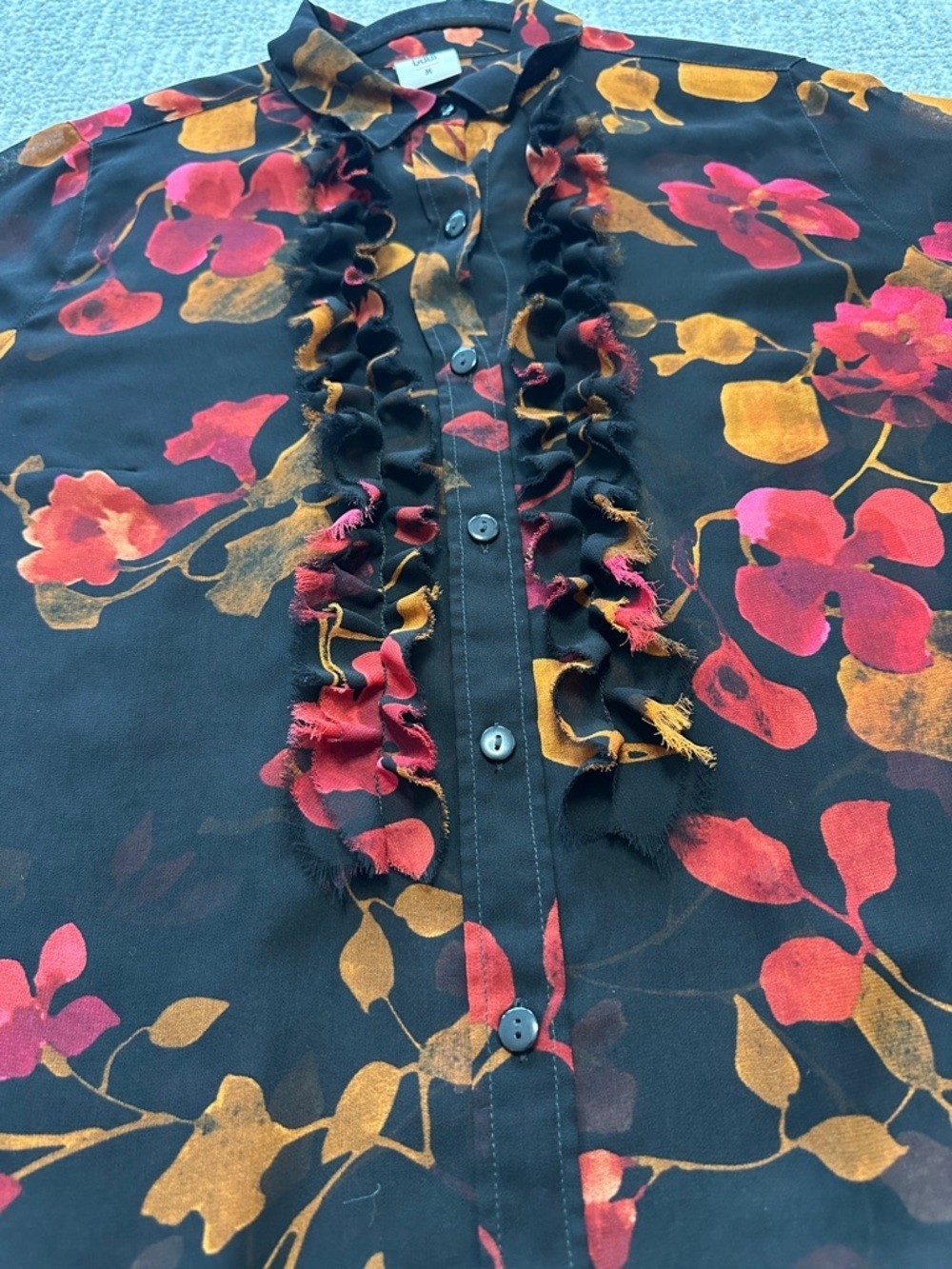 Gabi Sheer Floral Blouse Black Red Gold Ruffle Button Down Top Y2K Fall - Picture 11 of 15